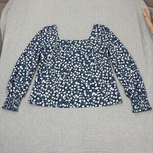 Melloday Square Neck Floral Print Blouse Women's Medium Blue/White Long Sleeve